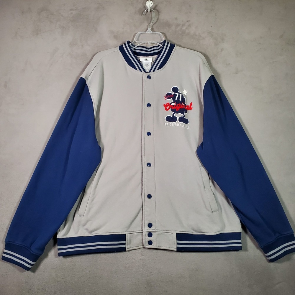 Disney Parks Varsity Jacket Mens XL Gray Blue Mickey Mouse Embroidered Letterman